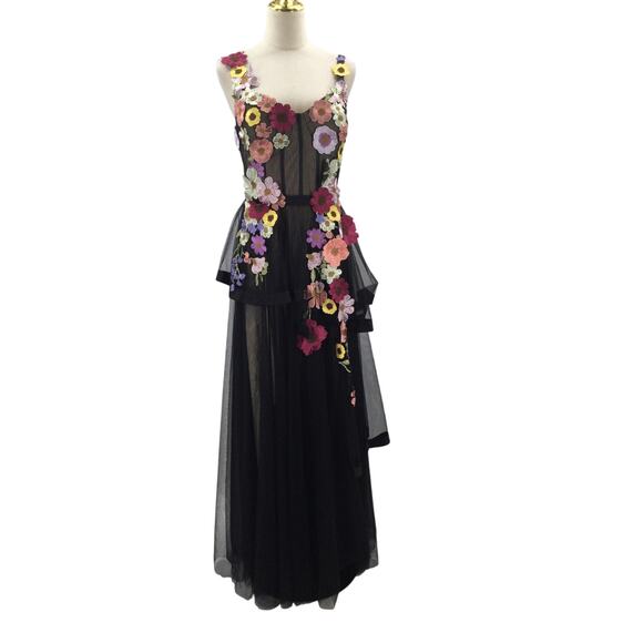 AW BRIDAL SZ 4 S black Patty tulle embroidered multi floral maxi dress NEW B59 - Picture 2 of 8